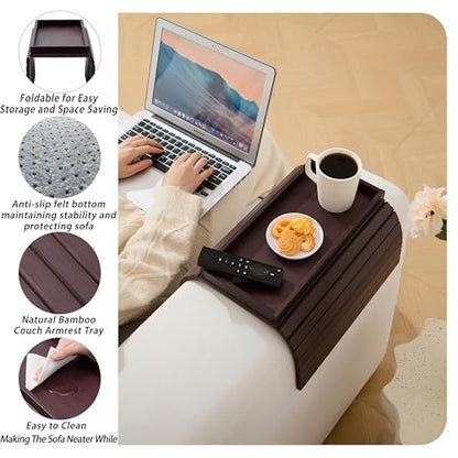 Bamboo Couch Arm Tray Table，Foldable Sofa Armrest Tray Table for Couch，Flexible and Anti-Slip Couch Arm Cup Holder，Portable Sofa Arm Chair Table for Drink,Cups, Eats，Snacks, Phone, Remote - color: Mahogany