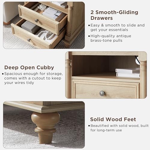 T4TREAM 24" Farmhouse Nightstands with 2 Drawers, Natural Oak | 4 Solid Wood Feet, Charging Station, Tall Rustic Wood Square, Sofa Side Table, Living Room, Bedroom - color: Natural Oak