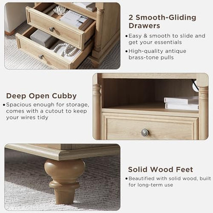 T4TREAM 24" Farmhouse Nightstands with 2 Drawers, Natural Oak | 4 Solid Wood Feet, Charging Station, Tall Rustic Wood Square, Sofa Side Table, Living Room, Bedroom - color: Natural Oak