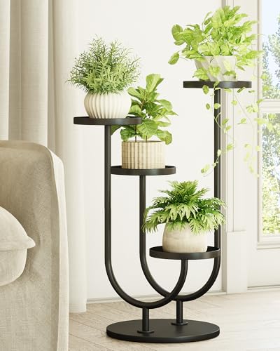 Bamworld Upgraded Outdoor Plant Stand Metal Plant Stand Indoor Corner Plant Stands 4 Pots Plant Shelf for Tall Plant Holder Black Plant Shelves for Living Room Bedroom Midcentury Modern Home Decor