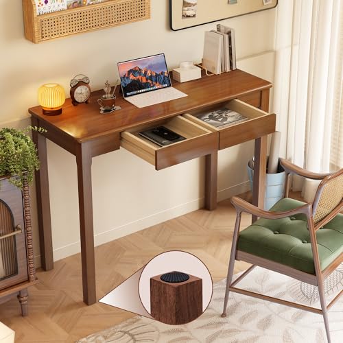 Solid Wood Desk with Drawers - 39" Narrow Desks for Small Spaces, Mid Century Modern Desks, Small Wooden Vintage Computer Writing Desk, Study Table for Home Office Bedroom, Walnut