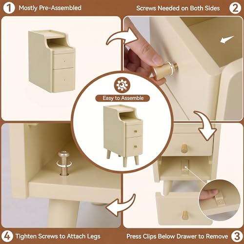 Nightstand, Pre-Assembled, 19.7“H Solid Wood Narrow Night Stand with 2 Drawers, Open Sliding Shelf, Mid Century Modern Small Bedside Table for Bedroom, Cream 8" - color: Cream, size: 8"