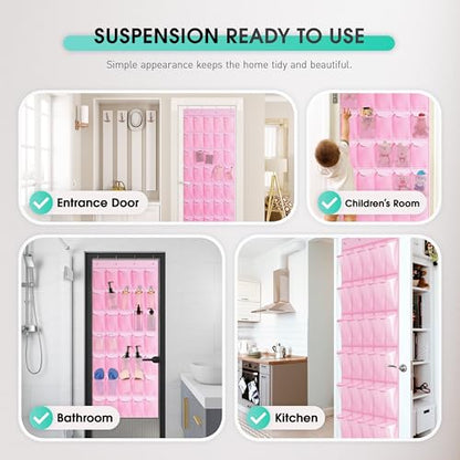 WVM Over the Door Shoe Organizer with 35 Breathable Mesh Pockets, Hanging Shoe Organizer for Door with 4 Metal Hooks, Large Capacity Closet Storage for Shoes, Accessories - style: Pink