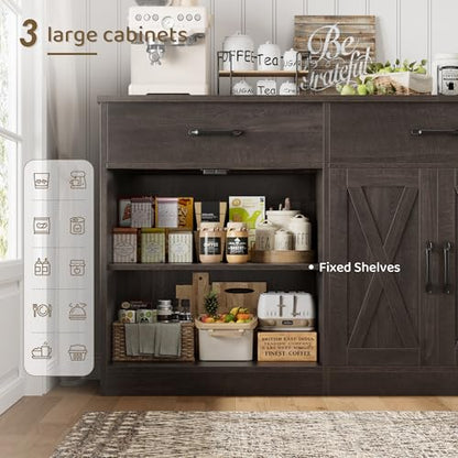 HOSTACK 71"W Farmhouse Kitchen Sideboard Buffet Cabinet with Storage, Brown | Large Coffee Bar Cabinet with 3 Wide Drawers, Long Buffet Table with Shelves, Kitchen Storage Cabinet for Dining Room - color: Dark Brown