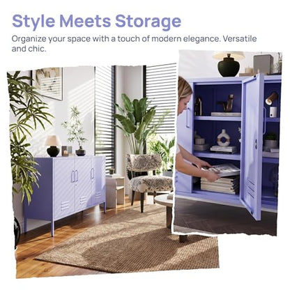 32" Wide 3-Door Lockable Metal Storage Cabinet with Accent Cabinet Locker, Heavy Duty Home Tool Cabinet, 2 Removable Shelves & Easy Assembly, for Home, Office, Entryway and Hallway Purple - color: Lilac, style: Cabinet-32"H-WL