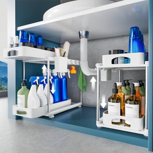 VERIFOST 2 Pack Under Sink Organizers and Storage, Double Sliding Kitchen Cabinet Organizer, 2 Tier Height Adjustable Countertop Organizer for Kitchen Bathroom Laundry, White - color: White