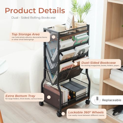 8-Tier Rolling Book Cart with Lockable Wheels, Double-Sided Storage Bookshelf for Narrow Spaces, Mobile Organizer Cart for Office, Library and Home