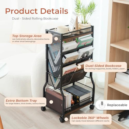 8-Tier Rolling Book Cart with Lockable Wheels, Double-Sided Storage Bookshelf for Narrow Spaces, Mobile Organizer Cart for Office, Library and Home
