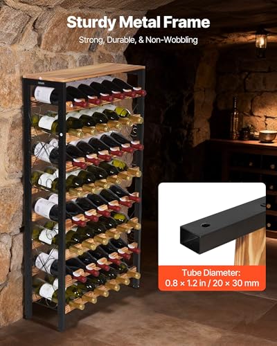 VEVOR 48 Bottle Wine Rack,8-Tier Iron Wine Bottle Holder with Wood Table Top,Freestanding Floor Display Wine Storage Shelves,for Kitchen Pantry, Cellar, Bar, Dining Room,26''L X 9.3''W X 46.9''H - size: 48 Bottles