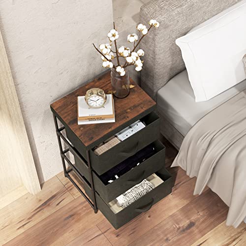 3-Drawer Bedside Table, 24.5" Nightstand with Metal Frame, Wood Top for Closet, Removable Fabric Bins & Handles, Small Dresser with Storage for Bedroom, Living Room & Entryway (2 Piece)