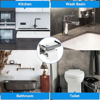 Toilet Paper Holder with Phone Shelf, Adhesive or Screw Wall Mount Toilet Tissue Roll Holder-Grey - color: Grey