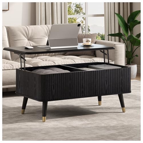 Lift Top Coffee Table with Storage, Modern Coffee Table with Solid Wood Legs, 38" Minimalist Fluted Center Table for Living Room, Home Office, Black - color: Black, size: Rectangular