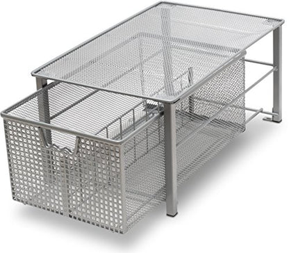 Deco Brothers Stackable Pull Out Cabinet Sliding Basket with Divider, Large | Under Sink Organizer, Silver - color: Silver