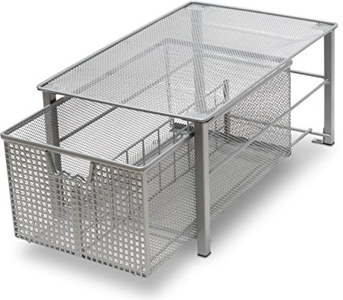 Deco Brothers Stackable Pull Out Cabinet Sliding Basket with Divider, Large | Under Sink Organizer, Silver - color: Silver