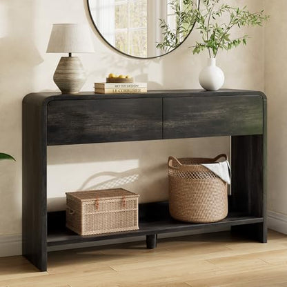 AMERLIFE 45" Modern Entryway Console Table with 2 Storage Drawers | Open Bottom Shelf, Wood Grain Finish, Rounded Edges, Long Sofa Table, Behind Couch, Hallway, Foyer, Living Room, Black - color: Black - Flat Panel, size: 45"