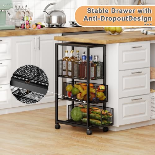 4 Tier Kitchen Rolling Cart, Kitchen Storage Cart with Wheels, Adjust Pantry Organizer and Storage Cart with Drawer, Fruit Vegetable Spice Storage Cart, Wooden Top Metal Kitchen Organizer Rack Stand - size: Small 4 Tier Black
