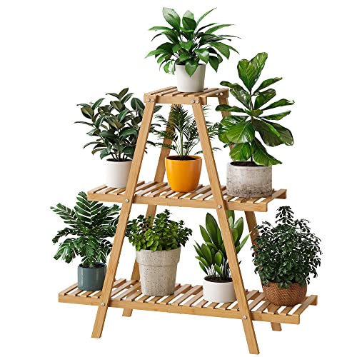 Bamboo Plant Stand - Indoor/Outdoor 3 Tier Plant Ladder, 8 Potted Flower Holder, Natural - color: Natural
