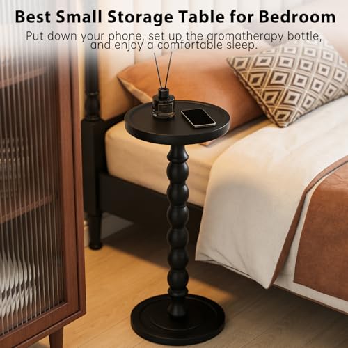 Small Round Side Table for Small Spaces | Wood Pedestal Drink Table & Narrow End Table for Living Room Couch, Modern Bedside Nightstand for Bedroom & Nursery（Ebony） - color: Ebony