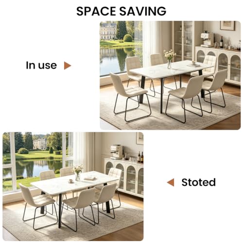 47.2"-63" Expandable Dining Room Table Set for 4-8 People, White | Removable Extension Leaf, Durable MDF Rectangle Tabletop, 6 Beige Sleek Faux Leather Chairs, Heavy Duty Modern Kitchen Table - color: 47.2'' - 63'' White Table+6 U Beige Chairs