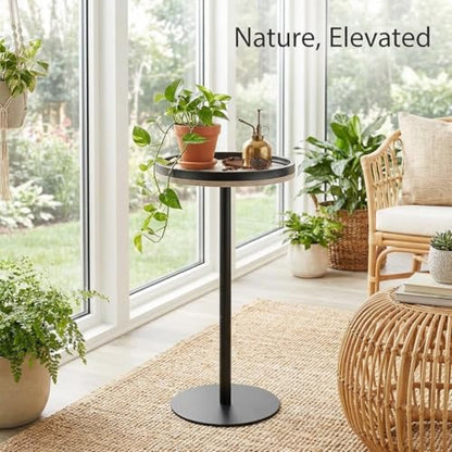 Oak Finish Martini Table, Small Round Drink Table, Modern Farmhouse Side Table with Tray Top, Metal Weighted Base End Table for Living Room,Small Spaces,Next to Sofa, 24.7" Tall - color: Oak
