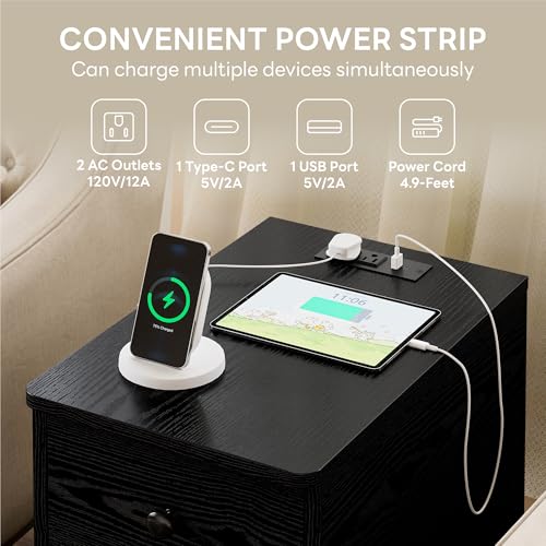 LIKIMIO Nightstand with Charging Station, 3 Drawers Modern for Bedroom - color: Black