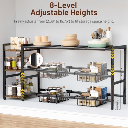 Housolution Expandable Under Sink Cabinet Organizer Rack and Storage Shelf | 24"-37.8" Expandable Length, 3-Tier Side Wooden Shelves, Height Adjustable for Kitchen Bathroom