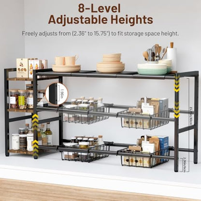 Housolution Expandable Under Sink Cabinet Organizer Rack and Storage Shelf | 24"-37.8" Expandable Length, 3-Tier Side Wooden Shelves, Height Adjustable for Kitchen Bathroom