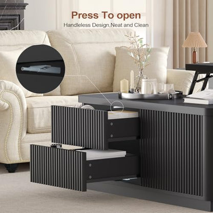 Itaar 39.4'' Lift Top Coffee Table with Storage, Fluted Coffee Tables for Living Room, Square Coffee Table with Large Hidden Compartment & 2 Drawrs & Adjustables Shelves, Black - color: Black