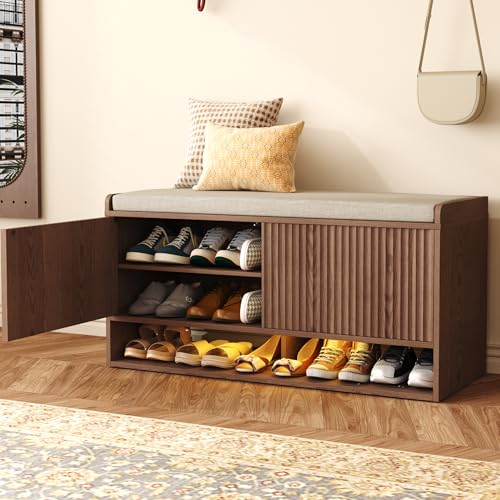 HOMEFORT 39.4" Fluted Shoe Storage Bench, Entryway Bench with Linen Seat Cushion, Shoe Cabinet Bench with Adjustable Shelf and Built-in LED Sensor Light, Bench for Bedroom End of Bed,Walnut - color: Walnut, size: 39.4"Wx15.15"D x19.3"H