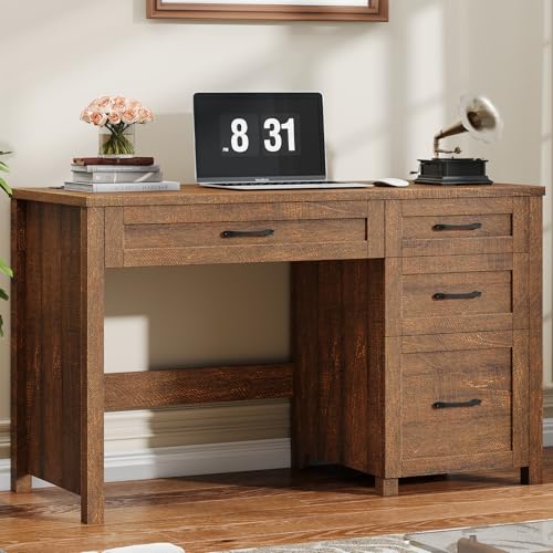 Halitaa Farmhouse 47" Executive Desk, Computer Desk with File Drawer and Charging Station, Workstation for Home Office, Study.Red-Brown. - color: Red Brown, size: with Charging Station