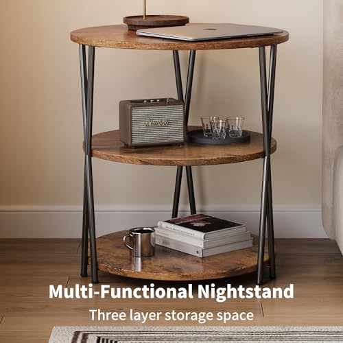 23 Inch Round Side Table 3-Tier End Table Living Room Small Patio Table Nightstands Round Coffee Table Spacious Top for Couch Bedroom 3 Storage Shelves Accent Coffee Table, Rustic Brown - color: Rustic Brown