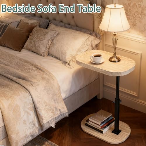 Adjustable C Shaped Side Table, C Table End Tables with Wheels for Sofa, 360° Swivel Sofa Tables for Livingroom,Bedroom,Study and Small Spaces (All White) - color: All White