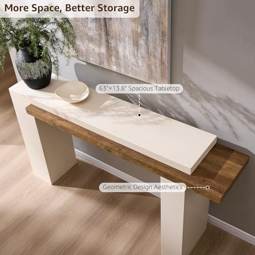 OKD 63" Modern Geometric Console Table with Layered Top, Antique White | Extended Layered Top, Sturdy Support Legs, Entryway, Hallway, Foyer, Living room, Behind Sofa - color: Antique White