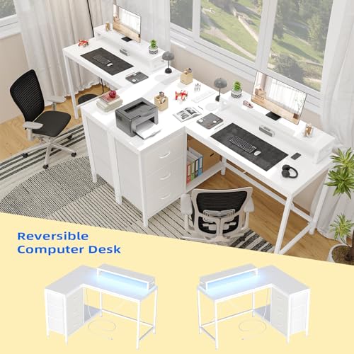 Patikuin L Shaped Desk with Power Outlets & LED Lights, Computer Desk with Drawers & Shelves, Corner Desk Gaming Desk Home Office Desk, White - color: White