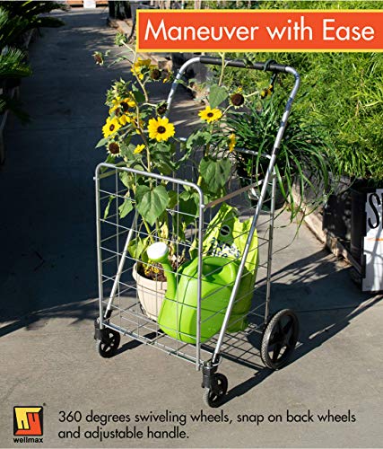 Wellmax Folding Grocery Cart with Wheels – Heavy Duty Utility Cart with Upgraded Steel Frame, Extra Large Basket, Adjustable Padded Handle, Swivel Front Wheels, Foldable Design, 90 lb Capacity - size: X-Large
