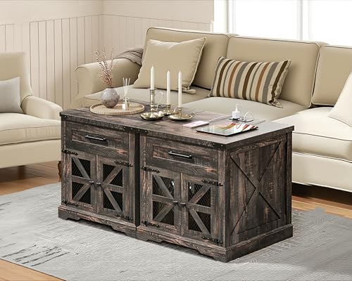 RALGEND Farmhouse End Table with Charging Station, 24" Large Sofa Side Table with Drawer, Large End Table for Living Room, Wooden Nightstand with Outlet, Square, Dark Rustic Oak - color: Dark Rustic Oak