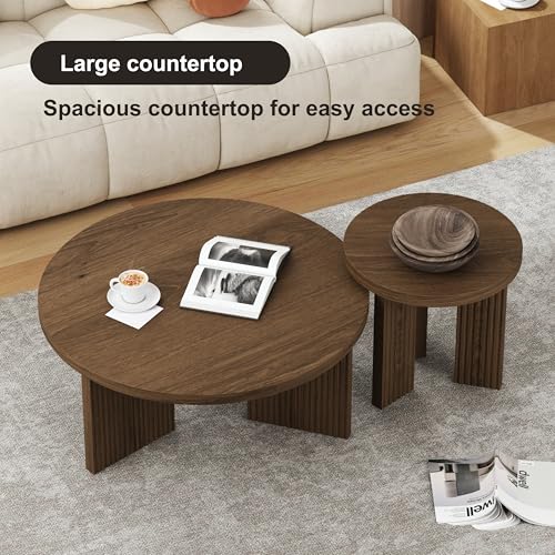 Nesting Coffee Table Set of 2, Brown | Modern Wooden Coffee Table, Circle Tea Table and End Table Set, Accent Center Tables for Living Room, Office - color: Brown, style: Coffee Table Set of 2