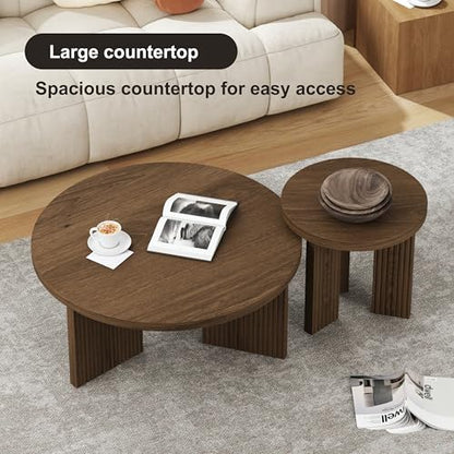 Nesting Coffee Table Set of 2, Brown | Modern Wooden Coffee Table, Circle Tea Table and End Table Set, Accent Center Tables for Living Room, Office - color: Brown, style: Coffee Table Set of 2