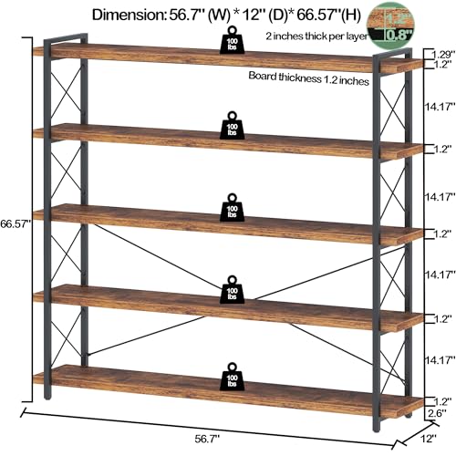 HCHQHS Large Bookshelf, 5-Tier Long Industrial Bookcase, Rustic Brown Book Shelf, Freestanding Horizontal Bookshelves with Metal Frame - color: Rustic Brown, size: 5-Tier (56.7"W x 65.7"H)