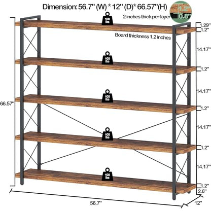 HCHQHS Large Bookshelf, 5-Tier Long Industrial Bookcase, Rustic Brown Book Shelf, Freestanding Horizontal Bookshelves with Metal Frame - color: Rustic Brown, size: 5-Tier (56.7"W x 65.7"H)
