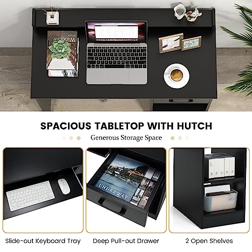 GOFLAME Computer Desk, Home Office Desk with Large Drawers, Hutch, Keyboard Tray, 5-Position Adjustable Open Shelves, Easy Assembly, Writing Desk for Bedroom, Small Space, Living Room, Black - color: Black