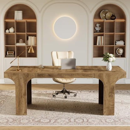 Tribesigns 70.87" Executive Office Desk with Arched Design, Oak | Modern Wooden Writing Table, Large Workspace Computer Desk Simple Business Furniture for Home Office, Sturdy Room - color: Oak