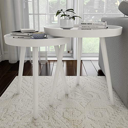 Nesting Side Tables - Set of 2 Round End Tables for Living Room, Bedroom, or Home Office - Accent Table Set with Tray Tops - Mid-Century Modern Living Room Furniture by Lavish Home (White)