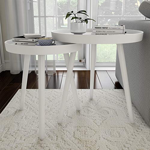 Nesting Side Tables - Set of 2 Round End Tables for Living Room, Bedroom, or Home Office - Accent Table Set with Tray Tops - Mid-Century Modern Living Room Furniture by Lavish Home (White)