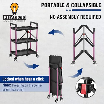 WORKPRO 3-Tier Collapsible Service Cart, Black/Pink, 210 LBS Foldable Utility Cart with Wheels, Portable Rolling Tool Cart for Garage, Warehouse, Home, Restaurant and Office (No Assembly Required) - color: Black/Glossy Pink