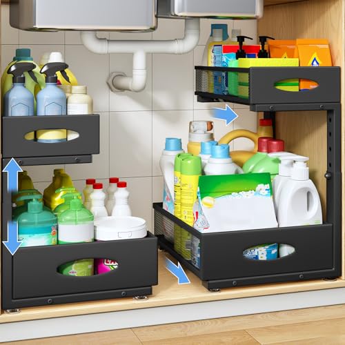 Under Sink Organizer, 2 Pack 2 Tier Pull Out Under Cabinet Organizer Shelf with Pad for Framed Cabinets, Metal Slide Out Under Sink Storage, Mesh Sliding Drawers for Kitchen Bathroom Laundry, Black - color: Black, size: 2-Pack