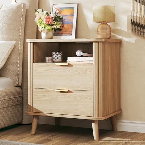 Fluted Nightstand, Night Stand with Charging Station, Mid Century Modern Bedside Table with Drawer & Open Shelf, Curved Profile Design, End Side Table with Storage for Bedroom, Oak - color: Natural Oak