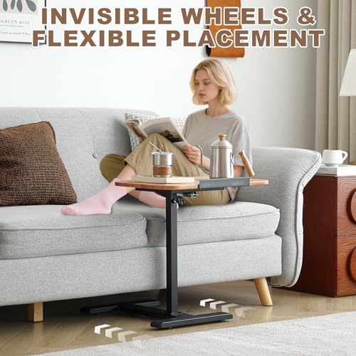 Solid Wood C-Shaped Side Table,360° Rotating TV Tray Table,Height-Adjustable,Sliding Sofa Table,Rolling Laptop Desk for Living Room and Bedroom Use with Sofa,Bed,Chair-Pale Walnut - color: Pale Walnut