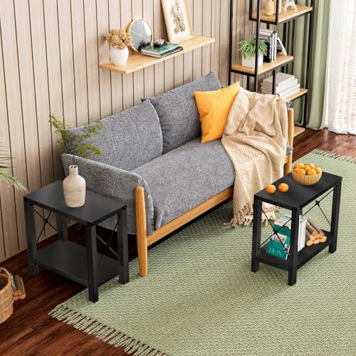 GAZHOME Farmhouse End Table for Small Spaces, Set of 2,Narrow Side End Table with Storage Shelf, Rustic X-Design Nightstand Sofa Table for Living Room, Bedroom Black - color: Black Oak
