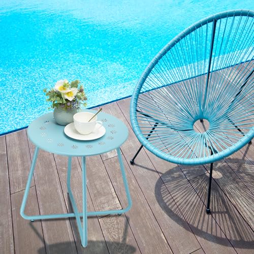 danpinera Outdoor Side Tables with Flower Cut Outs, Weather Resistant Steel Patio Side Table, Small Round Outdoor End Table Metal Side Table for Patio Yard Balcony Garden Blue - color: Blue